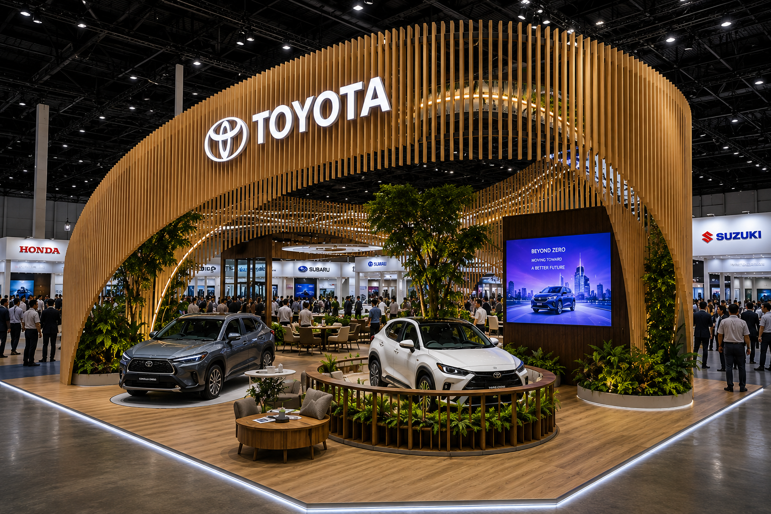 Booth đảo Toyota tại sự kiện triển lãm ô tô với khối nhận diện lớn, màn hình LED, xe trưng bày và luồng khách mở từ nhiều hướng
