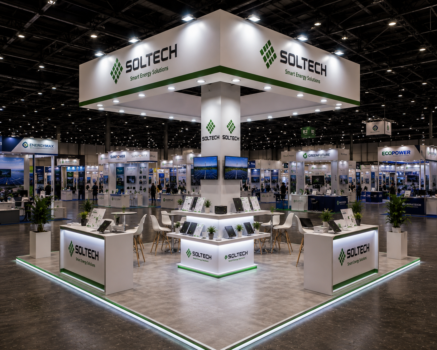 Booth đảo Soltech 9x9 tại triển lãm năng lượng với bốn mặt mở, khối nhận diện treo cao, khu trưng bày sản phẩm và quầy tư vấn