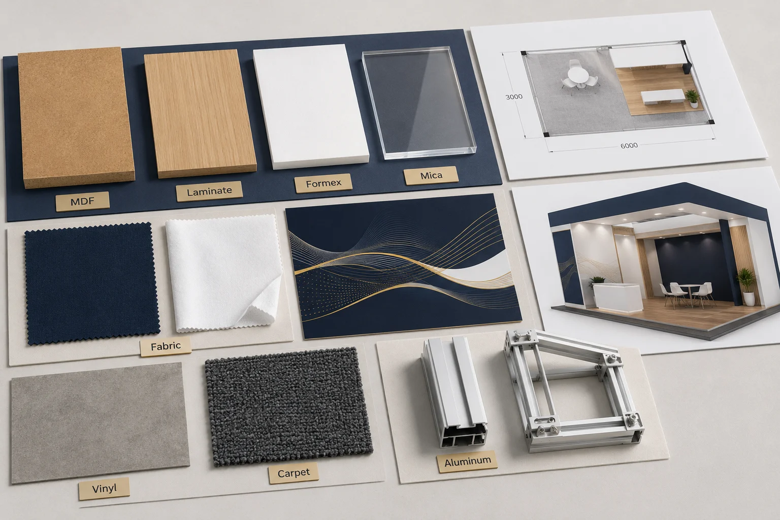 Bảng mẫu vật liệu thi công booth triển lãm gồm MDF, laminate, formex, mica, fabric, vinyl, carpet và nhôm hệ