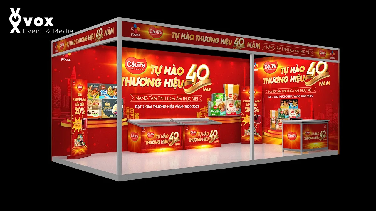 Gian hàng Cầu Tre tại Global Food Expo với khu trưng bày sản phẩm và nhận diện thương hiệu cần brief thiết kế booth rõ từ đầu