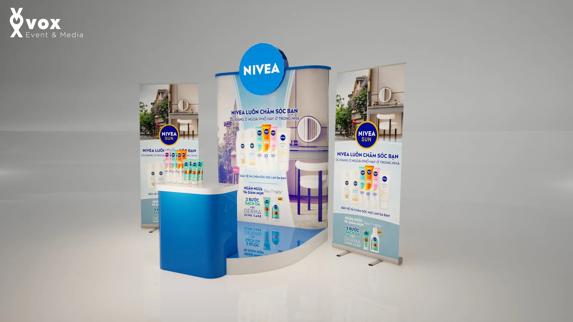 Nivea Promotion Booth 2025 dạng retail activation booth với phối cảnh 3D, quầy trưng bày sản phẩm và POSM hai bên
